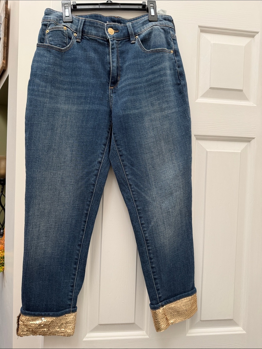 Chico's Blue Cropped Jeans with Gold Sequin Cuffs
